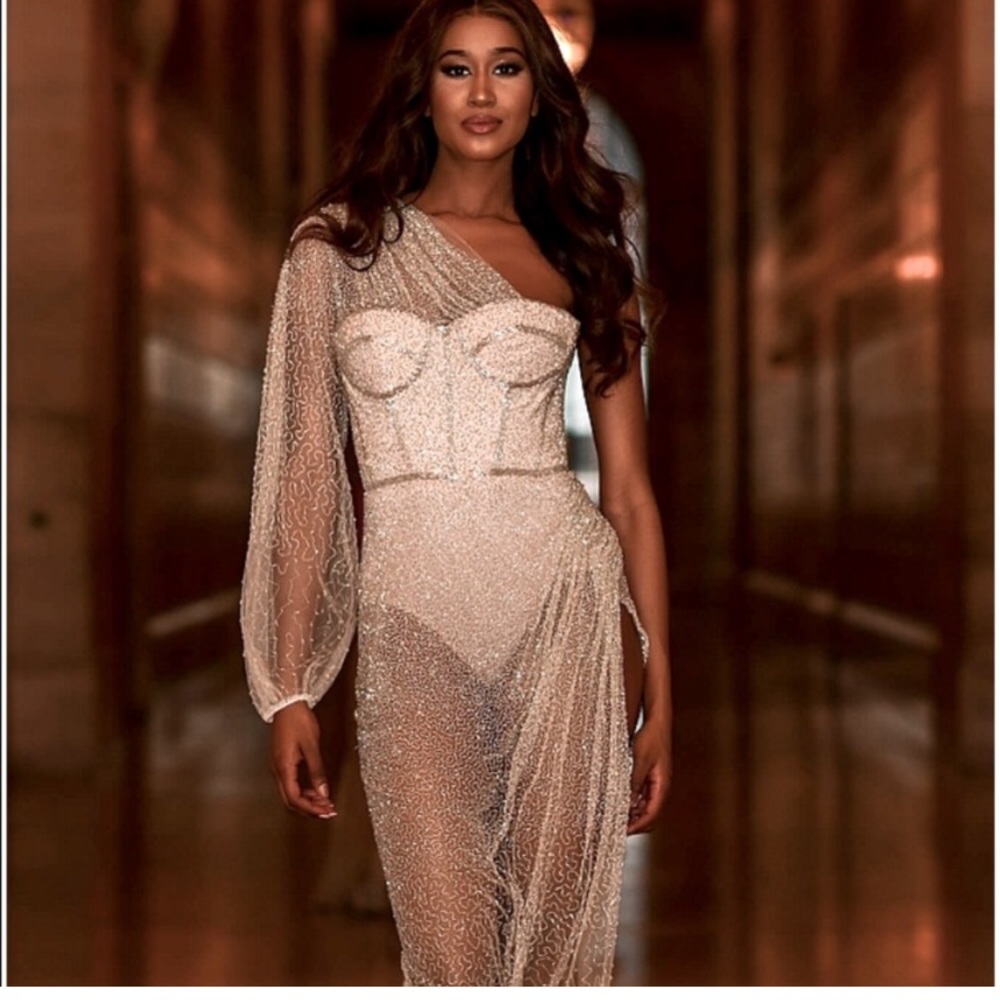 Nude silver beaded one shoulder Jovani couture gown